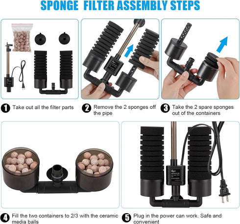 2 1 AQQA Aquarium Sponge Water Filter, Power Driven Double Biochemical Filter, Quiet Submersible Foam Filter with Extra