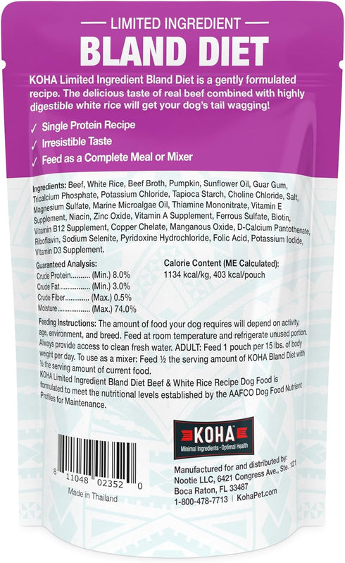 KOHA Limited Ingredient Bland Diet for Dogs, Beef and White Rice Recipe, Sensitive Stomach Wet Dog Food, Pack of 6
