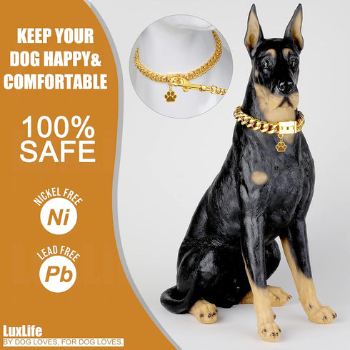 Dog Chain Collar with Quick Release Buckle, 18K Gold Chain Collar for Dogs (15MM, 16")