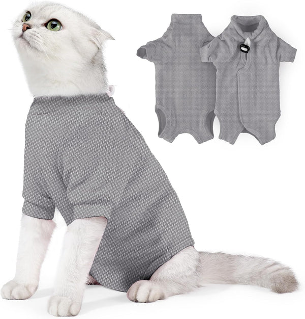 JOHNBOLIN Cat Surgery Recovery Suit, Protective Soft Cone Onesie Shirt for Female Male Pets (Grey, Large)