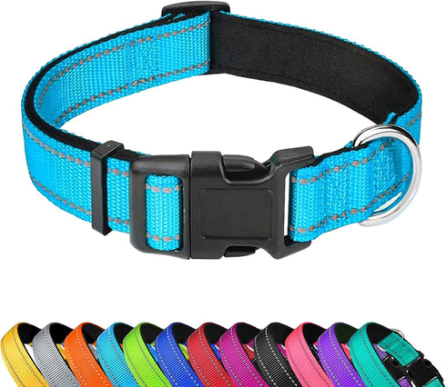 Reflective Dog Collar, Adjustable Soft Neoprene Padded Nylon Collars with Buckle for Large Dogs, Sky Blue, L