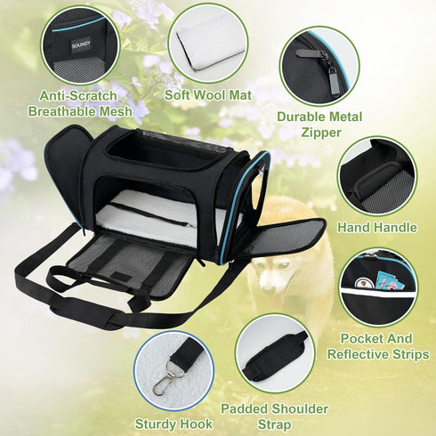 Soundy Large Cat Carrier, Portable Soft Sided Carrier for Cats and Small to Medium Dogs under 25 lbs, Black