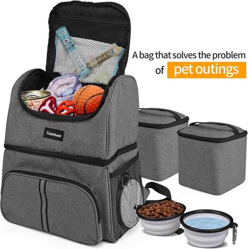 Dog Diaper Bag for Traveling, Airline Approved with 2 Food Storage Containers, Pet Camping Essentials (Gray)