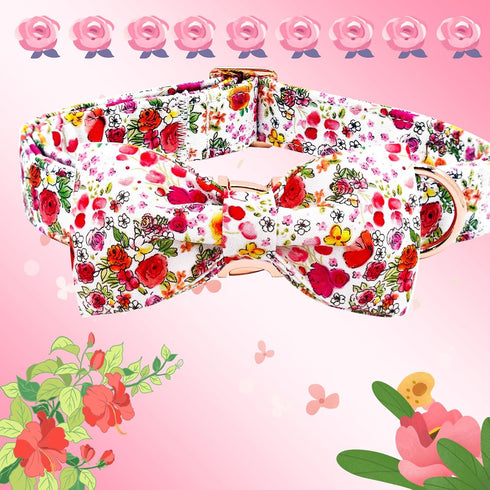 Elegant Pink Rose Print Dog Collar, Durable Cotton Adjustable Pet Collar with Metal Buckle for X-Small Dogs