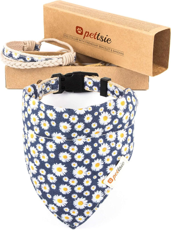 Pettsie Dog Bandana Collar with Matching Bracelet – Adjustable Stylish Pet Bandana for Dogs, Durable Hemp, M, Blue