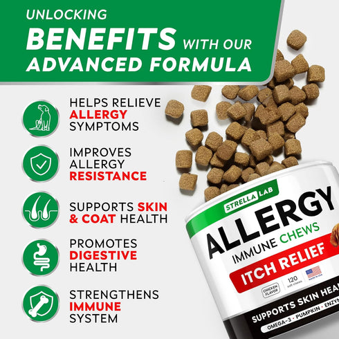 StrellaLab Dog Allergy Relief Chews, Anti Itch Support w/Omega 3, Skin & Coat Immune Supplement, 120Ct