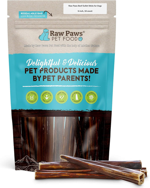Raw Paws Beef Gullet Sticks for Dogs, 6-inch, 10-ct, Free-Range Cows, Beef Esophagus Treats