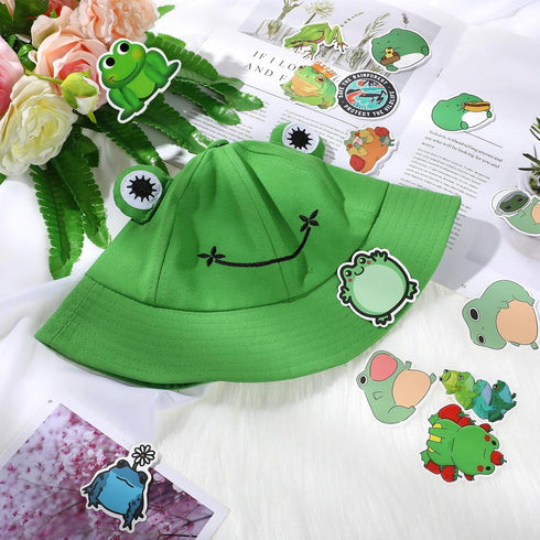 Frog Bucket Hat or Cow Flamingo Hat with 50 Stickers, Summer Outdoor Foldable Wide Brim Fishing Hat