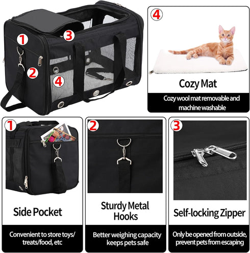 Soft Sided Cat/Dog Carrier, Collapsible Travel Carriers for Pets with Shoulder Strap & Removable Mat (Black, M)
