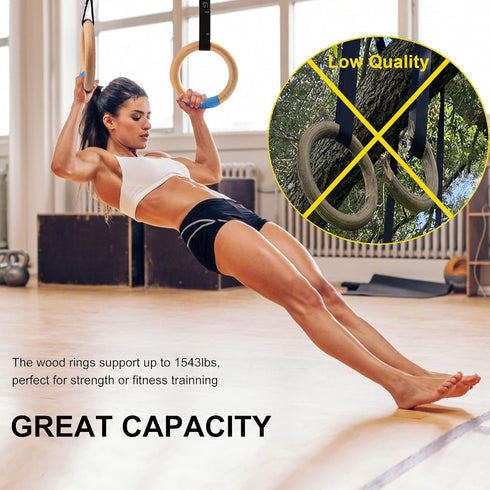 Wood Gymnastic Rings with Adjustable Straps, 15ft Olympic Rings for Pull Up Bar Workout, Heavy Duty 1543/992lbs