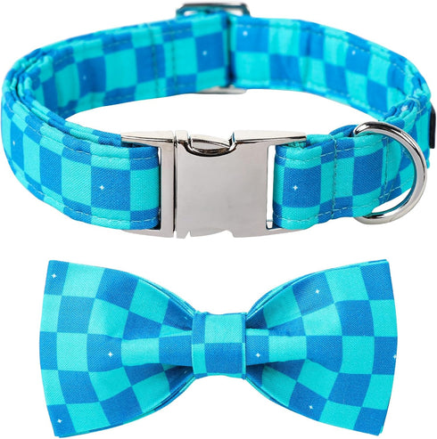 Maca Bates Plaid Blue Dog Collar with Checkered Bowtie, Adjustable Breakaway Collars for Small Medium Large XL Dogs