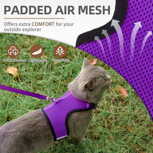 PUPTECK Soft Mesh Cat Vest Harness and Leash Set, Escape Proof Puppy Padded Pet Harnesses for Small Dogs, Purple Small