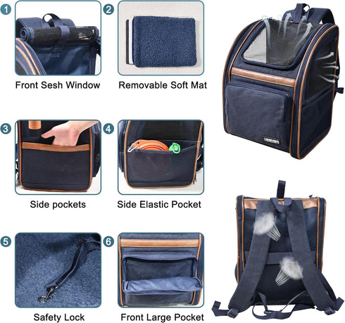 JESPET & GOOPAWS Collapsible Pet Carrier Backpack for Dogs and Cats, Breathable Mesh for Hiking and Camping (Navy Blue)