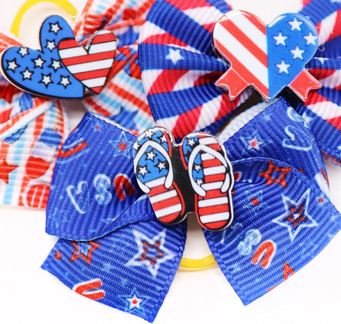 100Pcs/50Pairs Independence Day Dog Bows, Bulk 4th of July Patriotic Small Dog Hair Bows with Rubber Bands