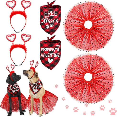 6 Pcs Valentine's Day Dog Costume Set, Including 2 Pcs Red Heart Headband, 2 Pcs Buffalo Plaid Bandana