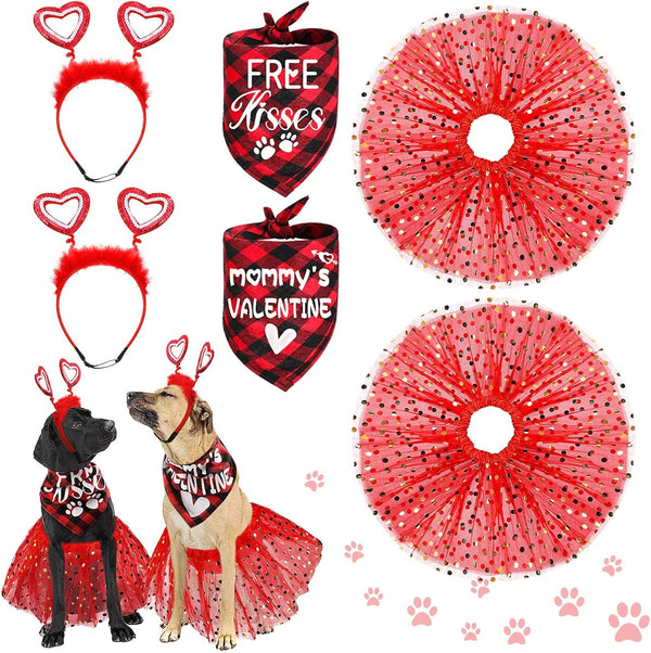 6 Pcs Valentine's Day Dog Costume Set, Including 2 Pcs Red Heart Headband, 2 Pcs Buffalo Plaid Bandana