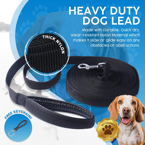 33-Feet Long Dog Leash, Extra Long Nylon Training Lead with Friction Reducing Leather Padded Handle for Medium Large