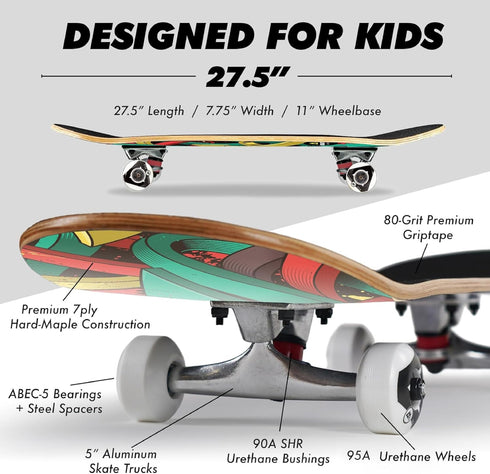 Magneto Complete Skateboard | Maple Wood | ABEC 5 Bearings | Double Kick Concave Deck | Kids Skateboard Cruiser