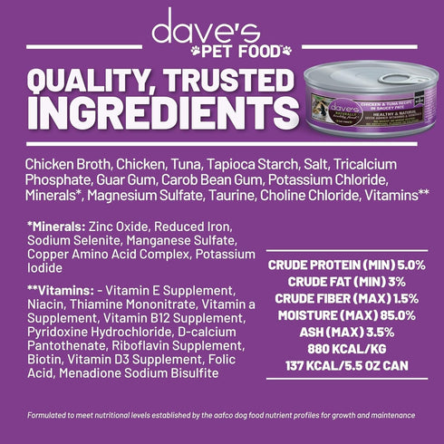5.5 oz (24 Pack) Dave's Pet Food Grain Free Wet Cat Food (Chicken & Tuna Saucey Pate), Naturally Healthy Canned, Added