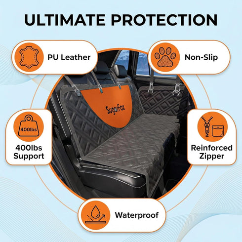 Hammock, 400lbs (Black-54x18) SugarFox Dog Car Seat Cover for Back Seat - Upgraded PU Leather Dog Hard Bottom Backseat