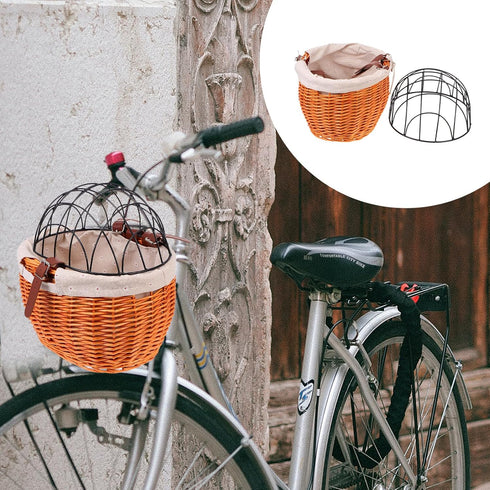 FAVOMOTO Rattan Woven Bike Basket Capacity Sturdy Front Carrier for Pets Cats Dogs and Shopping Breathable Comfortable