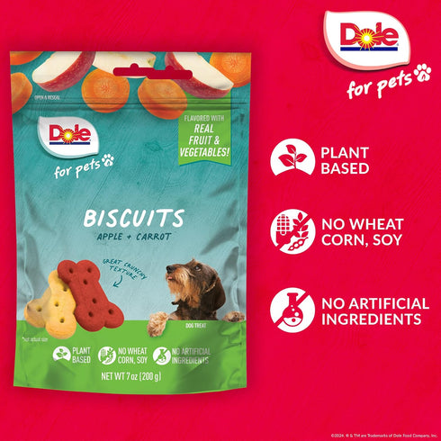 7 Oz Dole for Pets Dog Biscuits Assorted Apple + Carrot Mix, Real Fruit and Vegetable Flavor Vegan Crunchy Treats, No