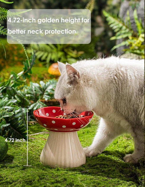 Cute Mushroom Elevated Cat Bowl, Ceramic Cat Food and Water Bowls, Wide Shallow Dish, Whisker Fatigue (Yellow)