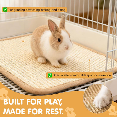 2-in-1 (2PCS, 16x12in) Rabbit Toys & Bunny Mat, Natural Sisal Nesting Pad Scratching Pad for Indoor Cage, Bedding Mat