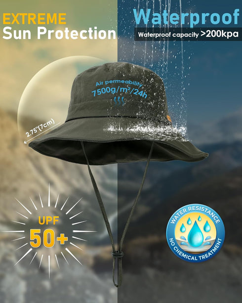 Waterproof Bucket Hats for Women and Men, Foldable Brim UPF 50+ Floppy Cowboy Rain Hat for Hiking