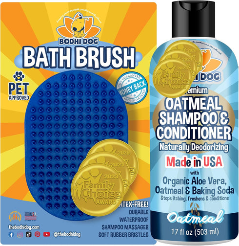 Bodhi Dog Shampoo Brush and Oatmeal Shampoo & Conditioner Bundle for Cats & Dogs, Quality Dog Wash Brush
