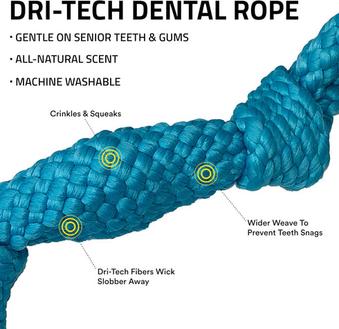 Playology Silver Dri-Tech Dental Rope for Large to X-Large Senior Dogs 50lbs & Up, Peanut Butter Scented Chew Toy