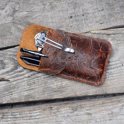JJNUSA Leather EDC Pocket Slip, Army Knife Sleeve & Pen Holder for Everyday Carry, Camping Accessories by JJNUSA