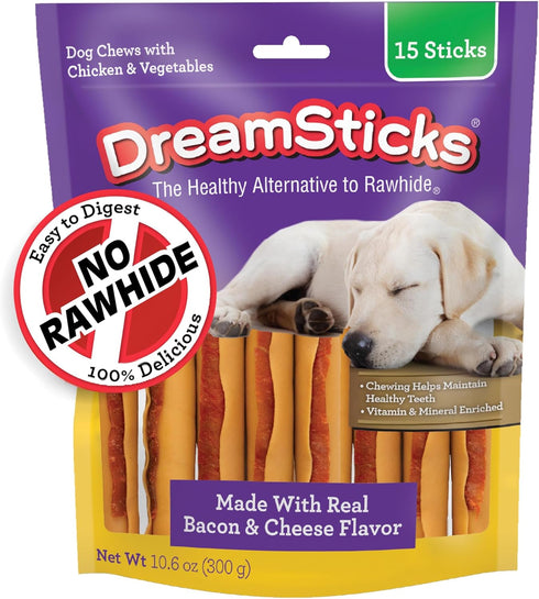DreamBone DreamSticks with Real Bacon and Cheese Flavor, Rawhide Free Dog Chew Sticks, 15 Sticks