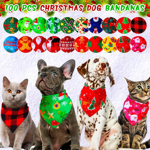 Locmeo 100 Pcs Christmas Dog Bandanas Bulk Xmas Dog Bandanas Adjustable Santa Claus Gingerbread Man Deer Pattern Pet