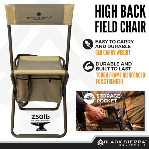 250 LBS, Black Sierra Folding Hunting Stool w/Under Seat Storage Pouch and Carry Strap, Lightweight Portable Hunt Chair