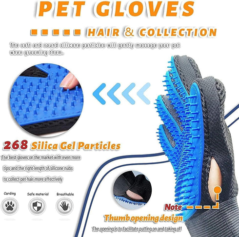 Pet Grooming Glove, Hair Remover Brush for Dogs, Cats & Horses, Left & Right Hand Mitt (Blue)