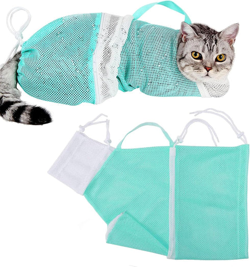 Adjustable Cat Bathing Bag, Puppy Dog Pet Cleaning Shower Net Bag, Anti-bite & Anti-Scratch Cat Bath Washing Restraint Bag, Breathable Mesh Cat Grooming Bag (Green)