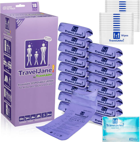 TravelJohn TravelJane Resealable Disposable Urinal Bags Travel Urinal for Women, Men & Kids