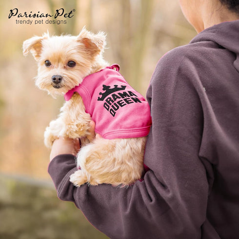 Parisian Pet Dog T-shirt - Embroidered “Drama Queen” - Lightweight Pink Sleeveless Tee for Small Dogs