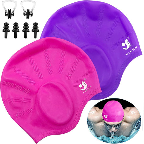 Unisex Swim Caps, 2 Pack Silicone Swimming Caps for Short/Long Hair with Ear Plugs & Nose Clip