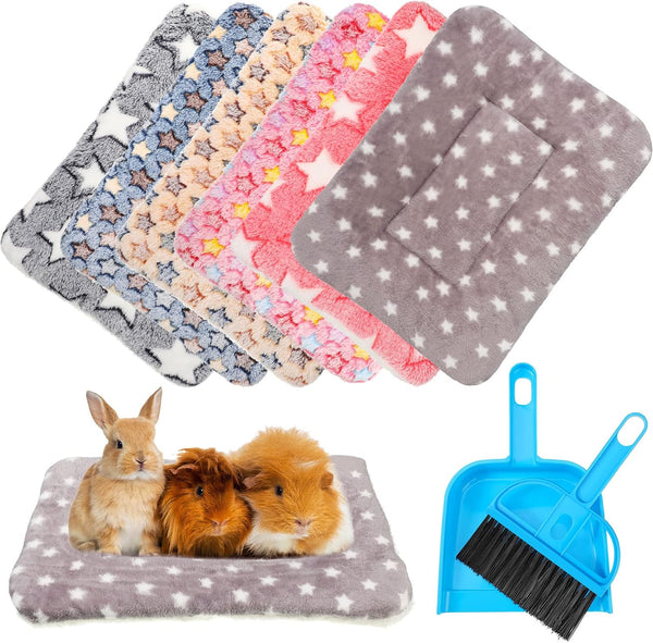 6 Pieces Guinea Pig Bed Plush Hamster Mat Bunny Bed Small Animal Sleeping Pads with Cleaning Dustpan Brush (Cute Color,