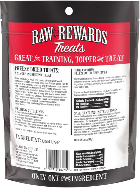 Northwest Naturals Raw Rewards Freeze-Dried Beef Liver Treats for Dogs and Cats, Healthy 1 Ingredient, 3 Oz