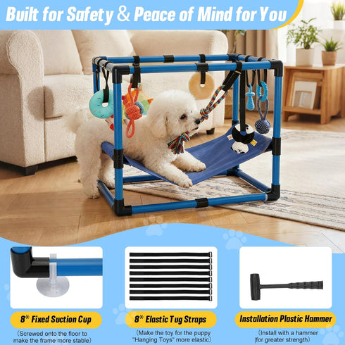 Bullro 8 Hammock Blue Puppy Play Gym with Hanging Toys, Dog Jungle Gym Indoor with and Funny Enrichment Toys, PVC Frame