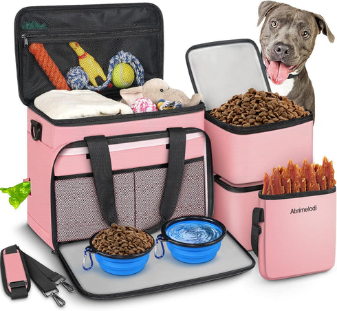 6 Set Dog Travel Bag, Large Pet Travel Kit with 2 Food Containers, 1 Organizer, 2 Collapsible Bowls, Pink Dog Mom Gifts