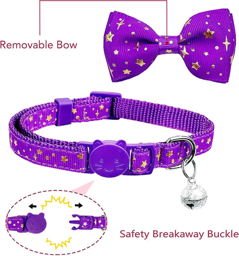 2 Pack Cat Collar with Bow Tie and Bell, Breakaway Starshine Collar for Male Female Cats (Black+Purple)