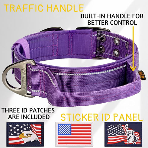 Heavy-Duty Dog Collar with Handle by ADITYNA, Reflective Purple for Large Dogs, Wide, Thick, Tactical, Soft Padded