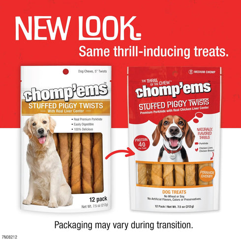 12 Pack Chomp'ems All Natural Smoked Pork Stuffies Dog Treats with Real Liver, - Healthy, Protein Rich Treats for Dogs