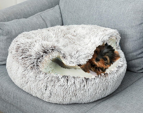 Dog Cave Bed for Small Dogs Cats, Anti-Anxiety Calming Plush Bed, Fluffy Covered Hooded Cozy Burrow, Washable,