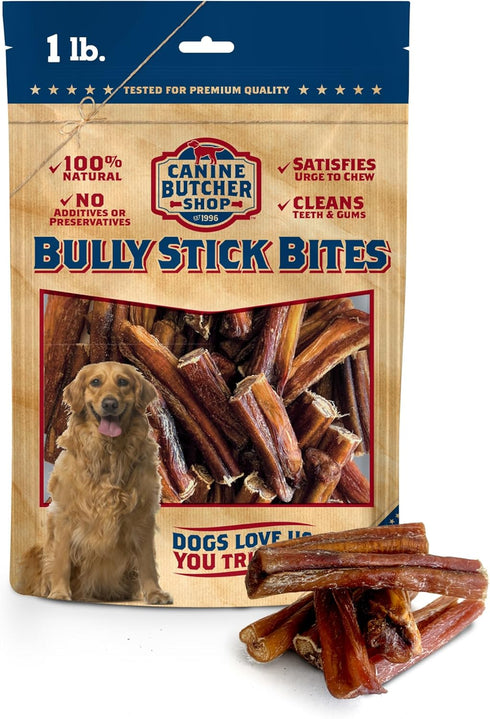 Bully Stick Bites Raised & Made in USA - 1 lb, Odor Free, All-Natural Dog Chews