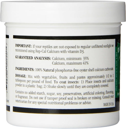 Rep-Cal 52298 Phosphorous-Free Calcium Powder, 4.1 oz, Reptile/Amphibian Supplement Without Vitamin D3